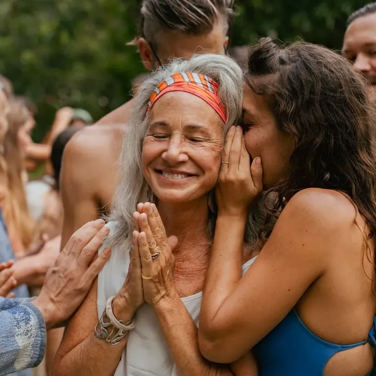 An elder embraced during a gathering at Amora — all generations together in an eco village community on Costa Rica's Pacific coast