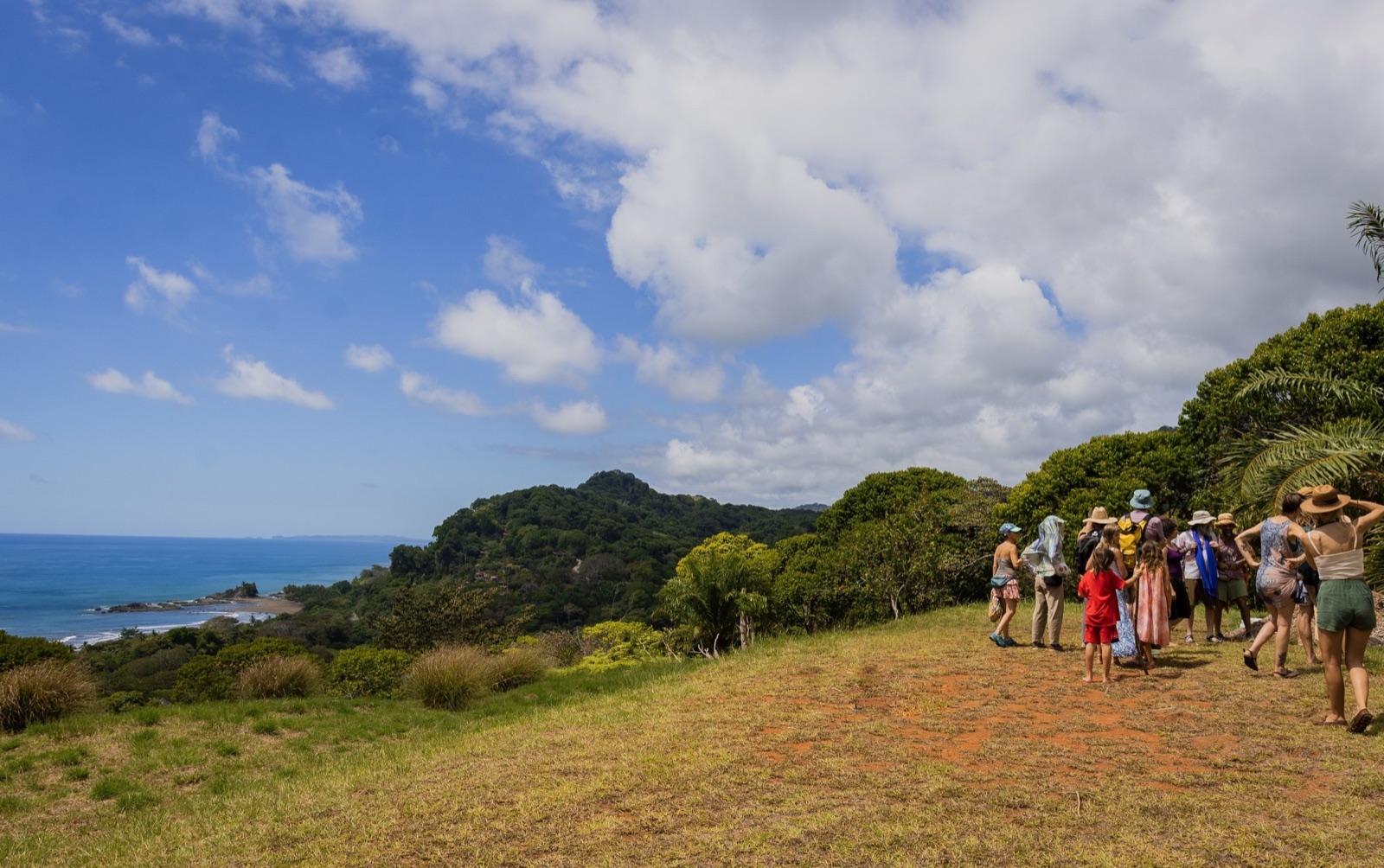 A tour group standing on the open hilltop, the Costa Ballena coastline curving away far below.